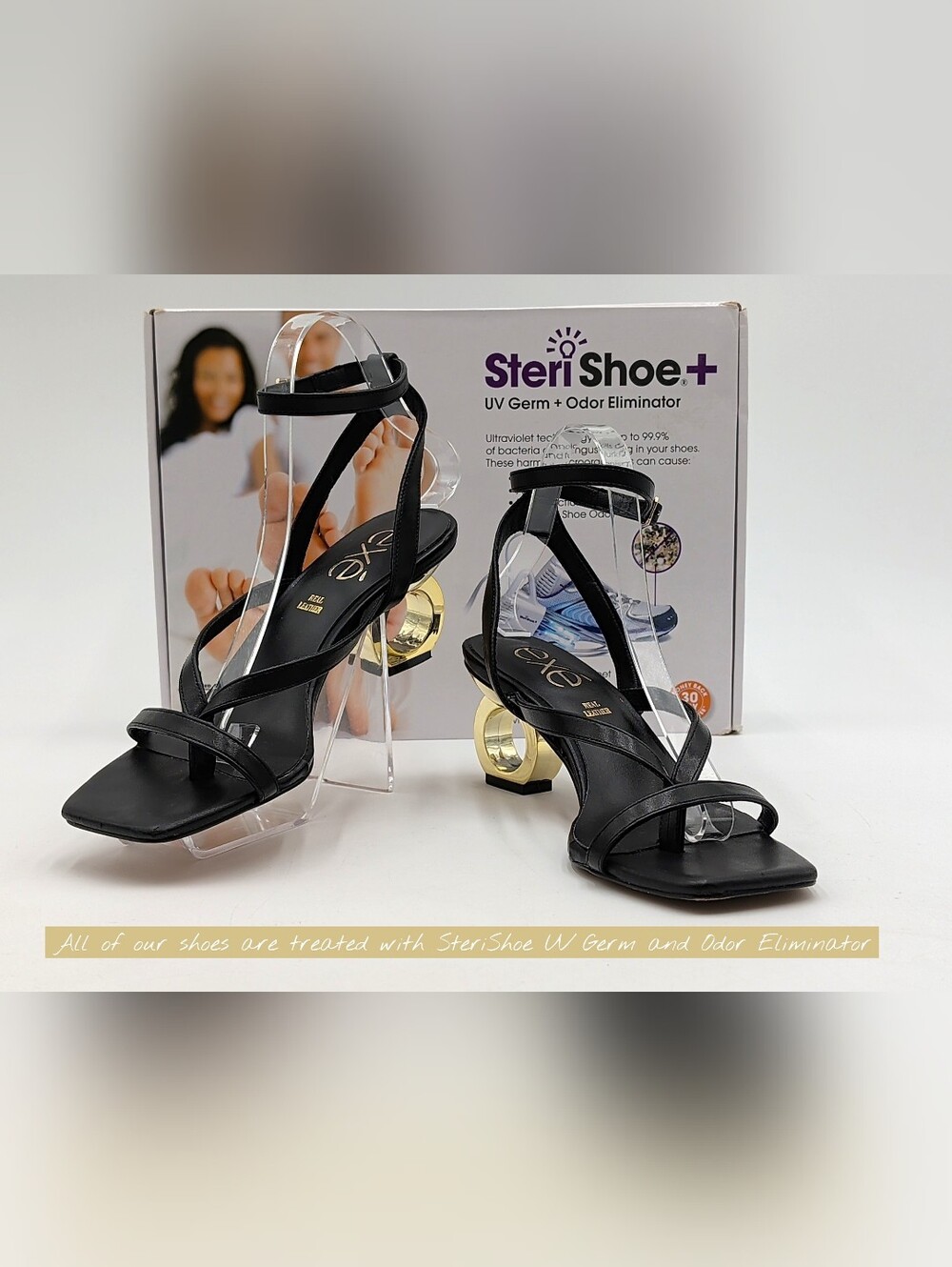 EXÉ Size 39 US 8 Genuine Black Leather With Gold-Tone Ring Heel Strappy Sandals - Picture 14 of 17